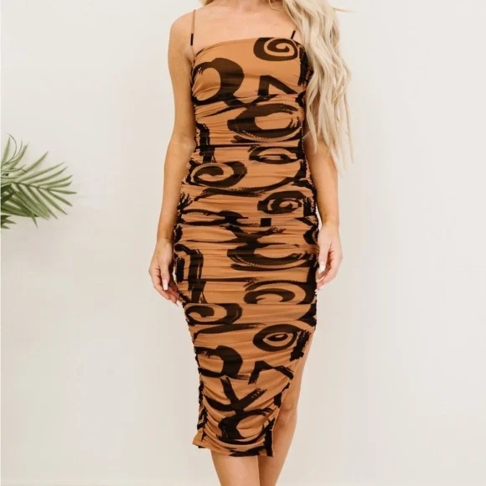 Tan and Black Ruched Bodycon Midi Dress (NWT)